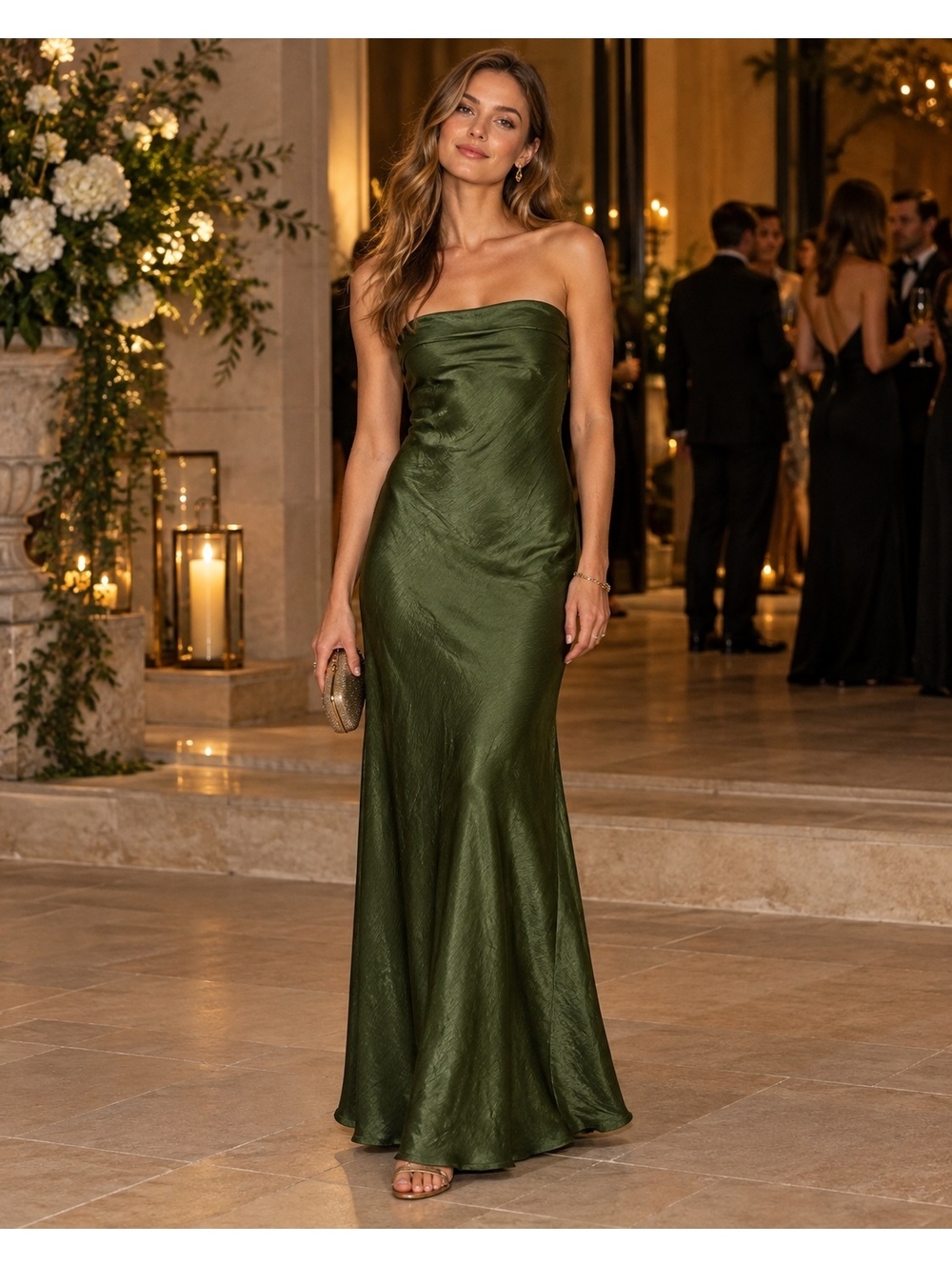 Runaway Elegant Strapless Olive Green Satin Evening Gown Dress US 8